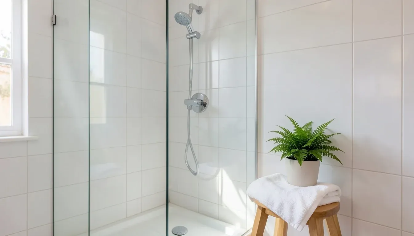 Clear glass shower screen free of limescale in a bright white bathroom, with a plant and a folded towel on a wooden stool