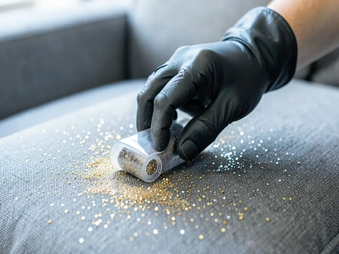 Mano con guante retirando purpurina de un sofá gris con un rodillo quitapelusas después del Carnaval