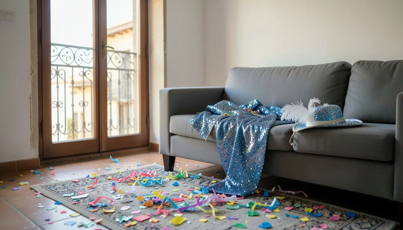 Living room of a flat in Cádiz with confetti and streamers on the floor and a costume on the sofa after the Carnival