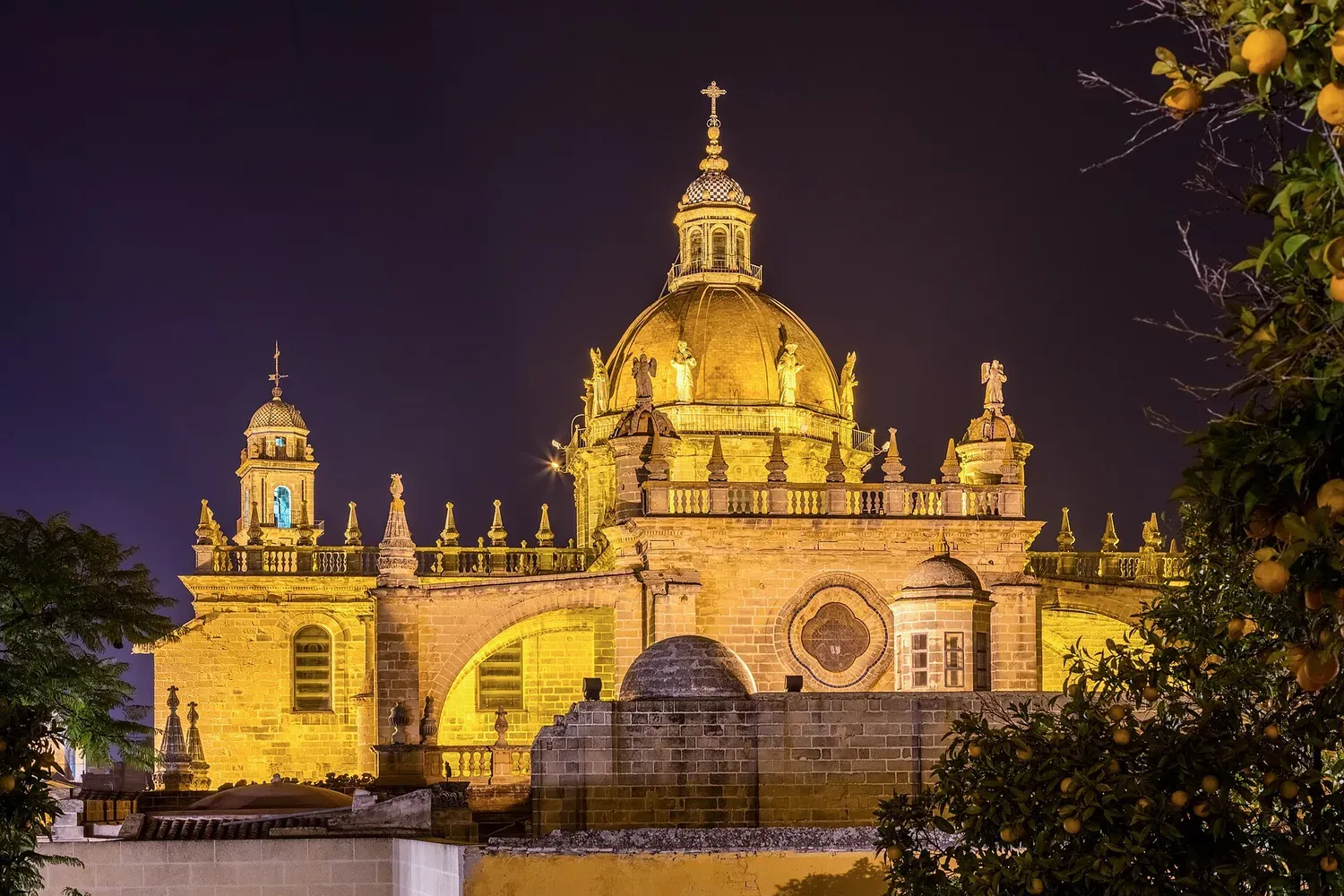 Jerez de la Frontera Cathedral lit up at night, with an orange tree in the foreground