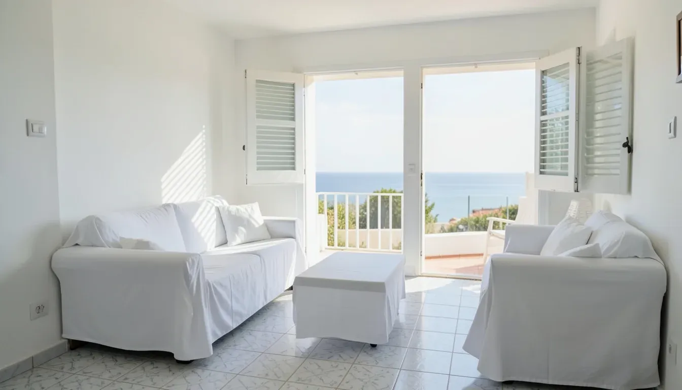 Living room of a holiday home on the Cádiz coast with the furniture covered in white sheets and the shutters half down after summer