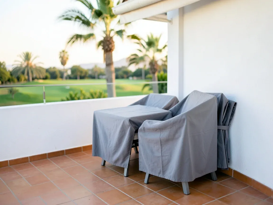 Terrace furniture gathered and covered in a home in Costa Ballena after summer