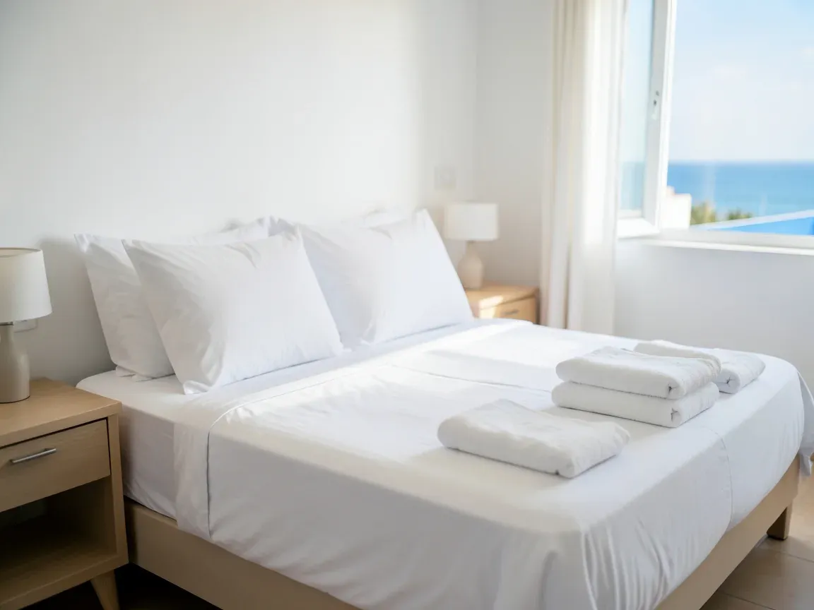Cama de apartamento turístico hecha estilo hotel con sábanas blancas y toallas dobladas en Cádiz