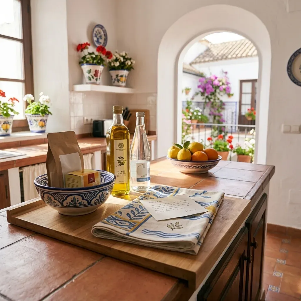Kit de bienvenida y amenities repuestos en la cocina de un piso turístico en El Puerto de Santa María