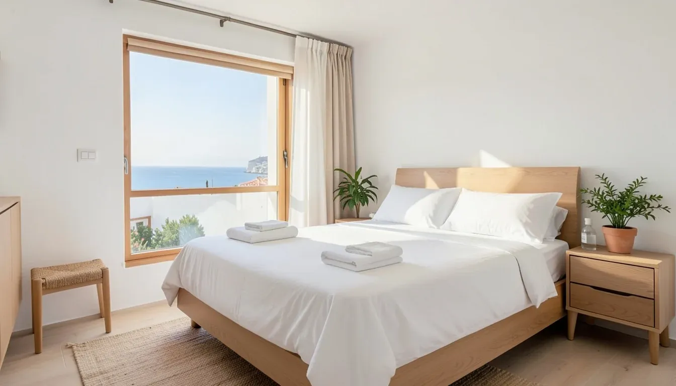 Dormitorio de un apartamento turístico en Cádiz listo para el check-in, con la cama hecha, toallas dobladas y vistas al mar