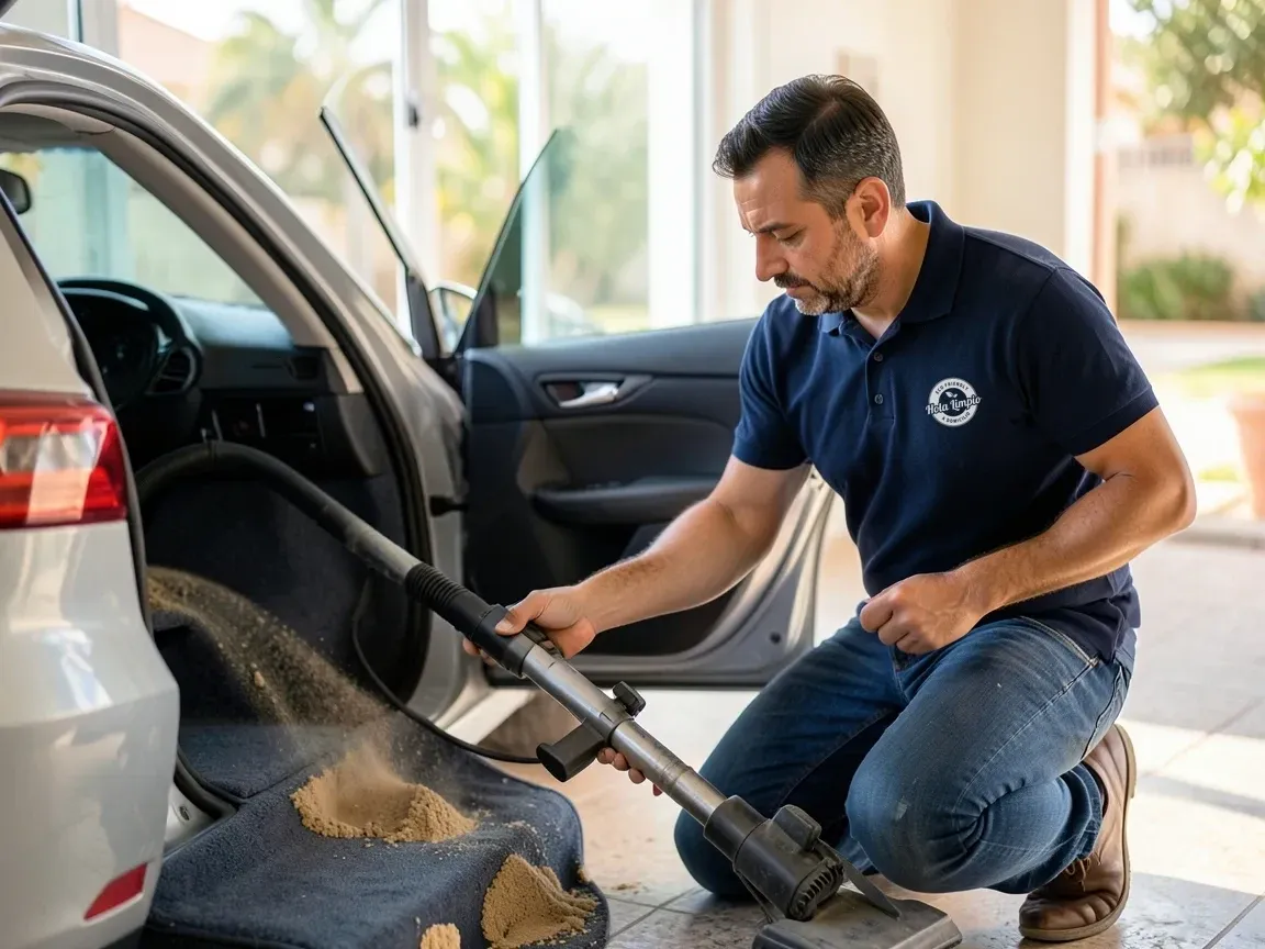 Hola Limpio professional vacuuming sand from a car carpet with a professional vacuum cleaner