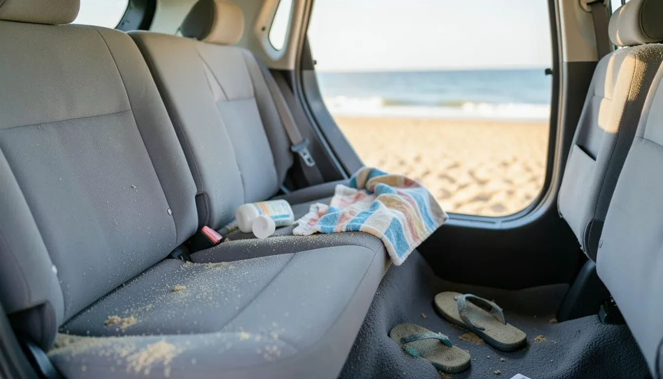 Back seat of a car with beach sand, a towel and flip-flops after a day at the beach on the Cádiz coast