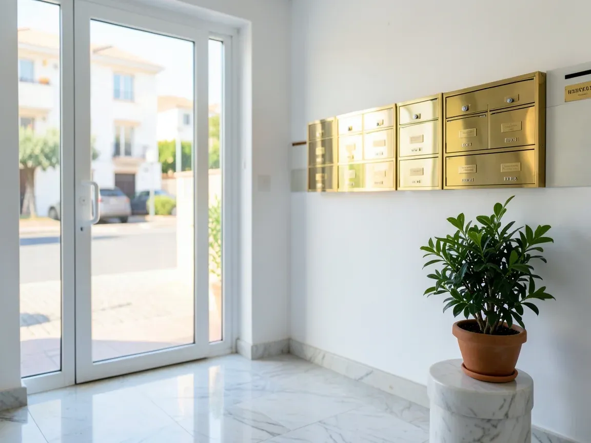 Entrance hall of a residential building in Jerez with a clean marble floor, gleaming letterboxes and a smear-free glass door