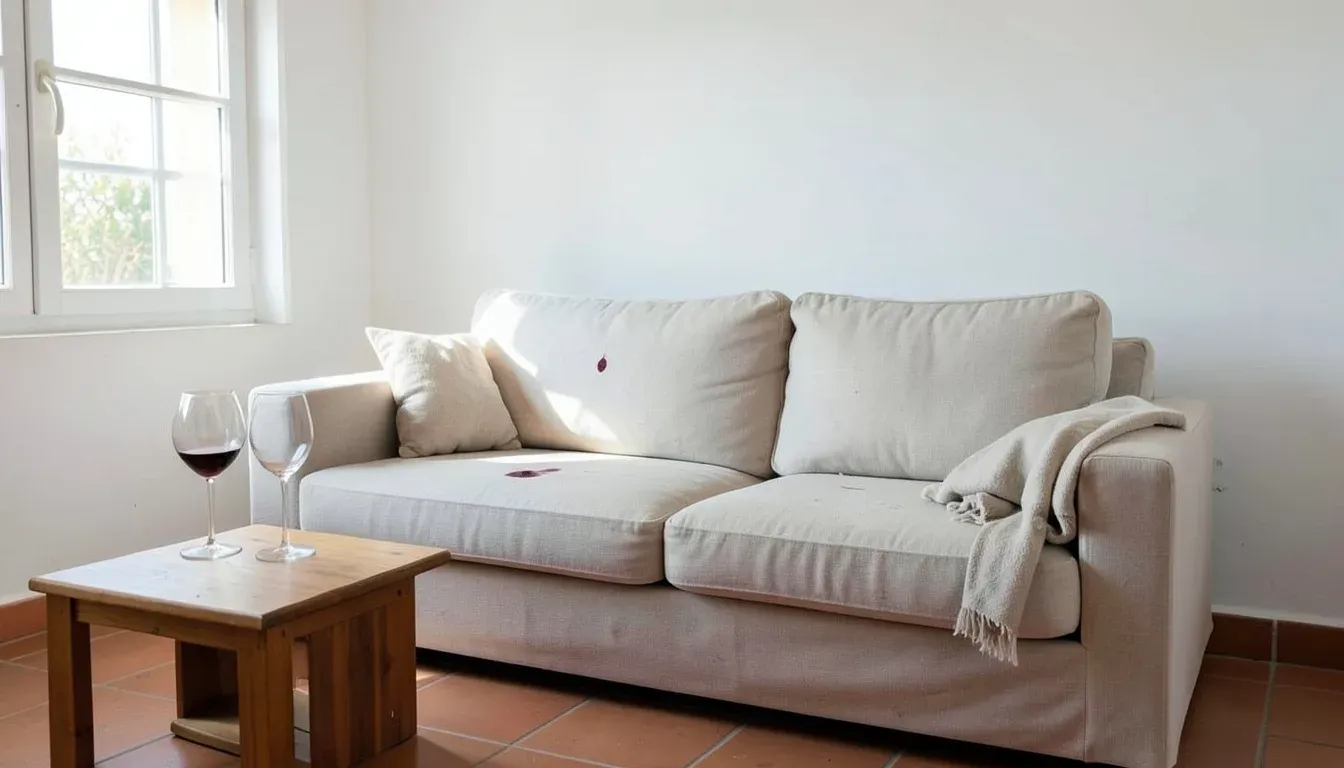 Sofá claro con una mancha de vino tinto y dos copas en la mesa, en el salón de un apartamento turístico después de la salida de los huéspedes
