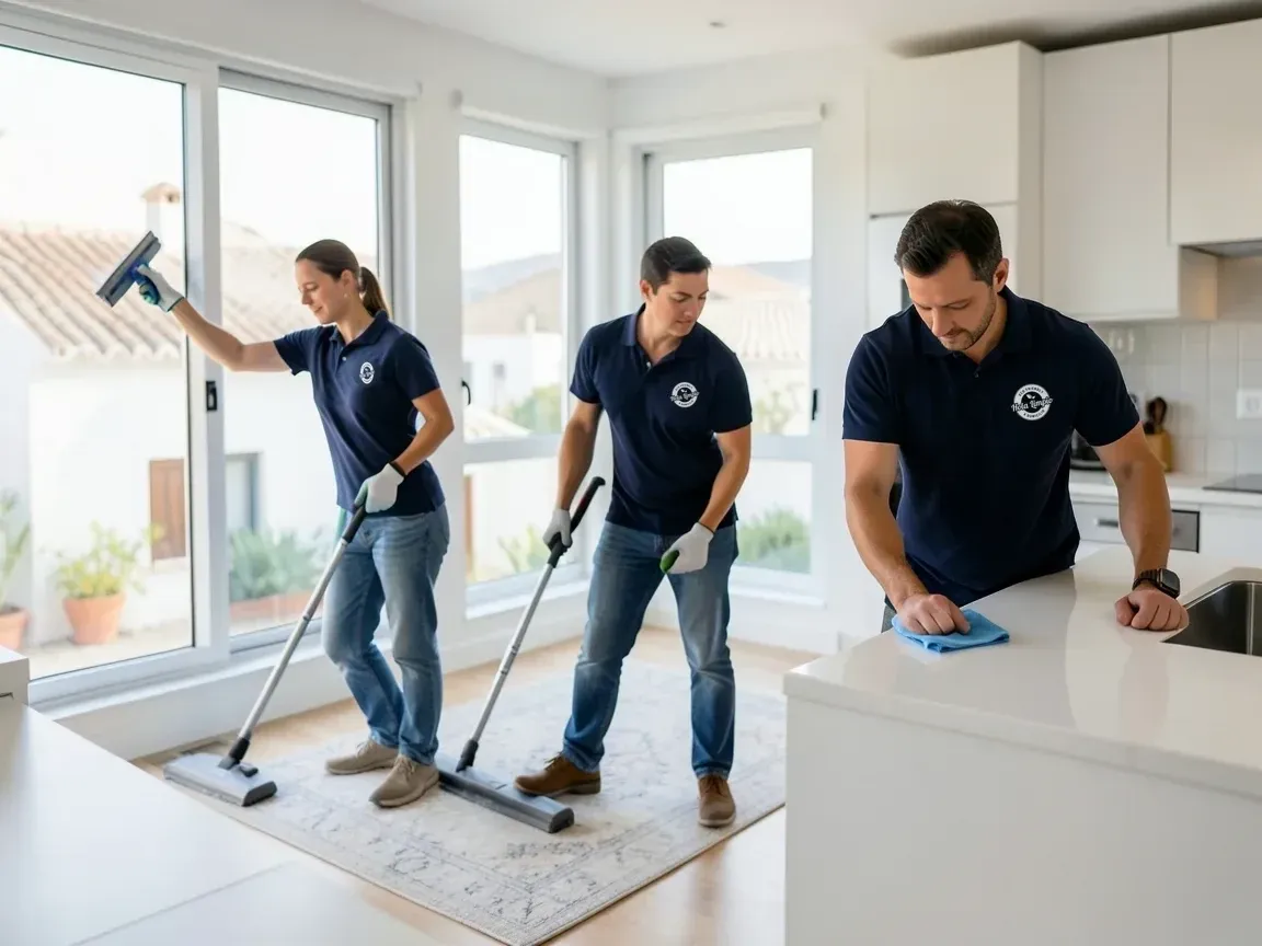 Hola Limpio cleaning team cleaning the windows, mopping the floor and wiping the worktop of a home in Jerez de la Frontera