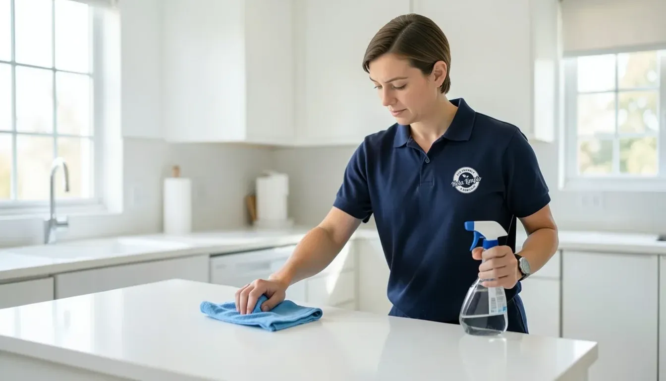 Hola Limpio professional cleaning the empty kitchen of a rented flat in Cádiz before the key handover