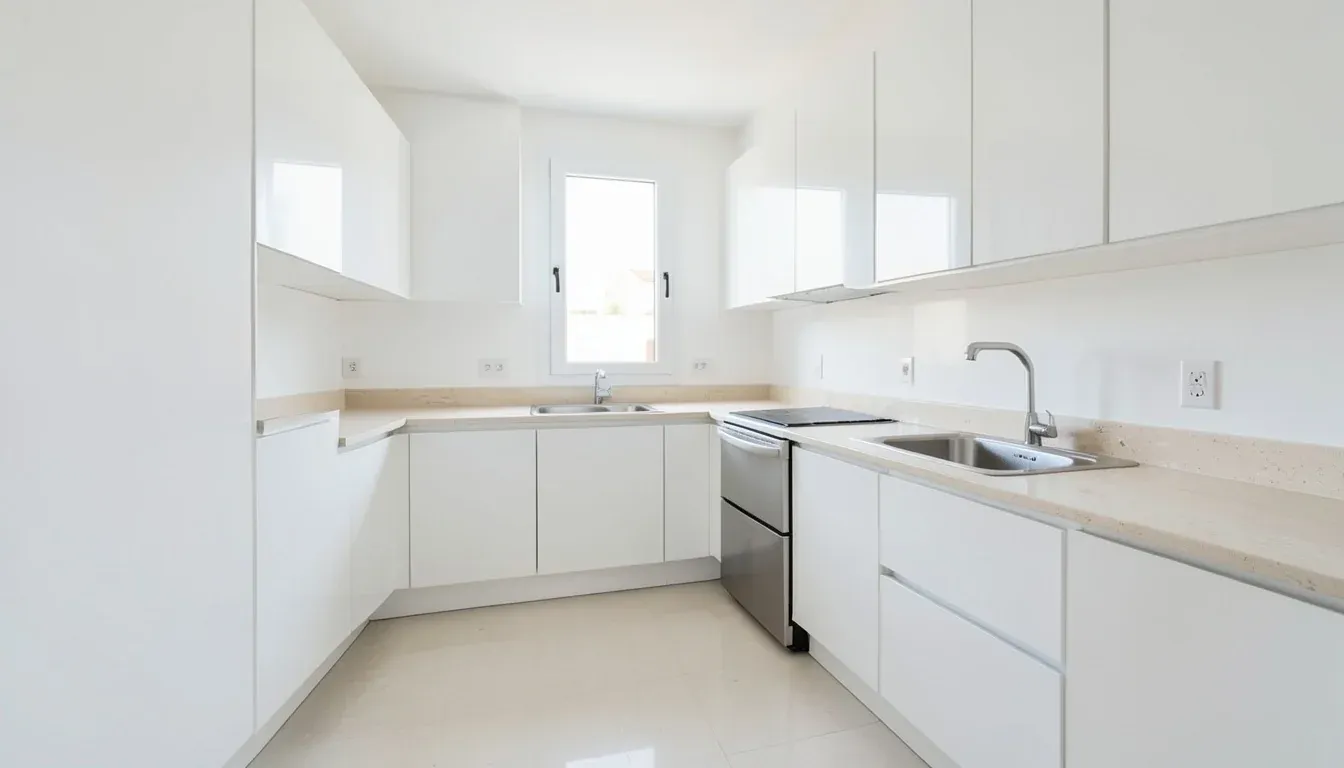 Cocina vacía y limpia de un piso de alquiler en Cádiz, lista para la entrega de llaves