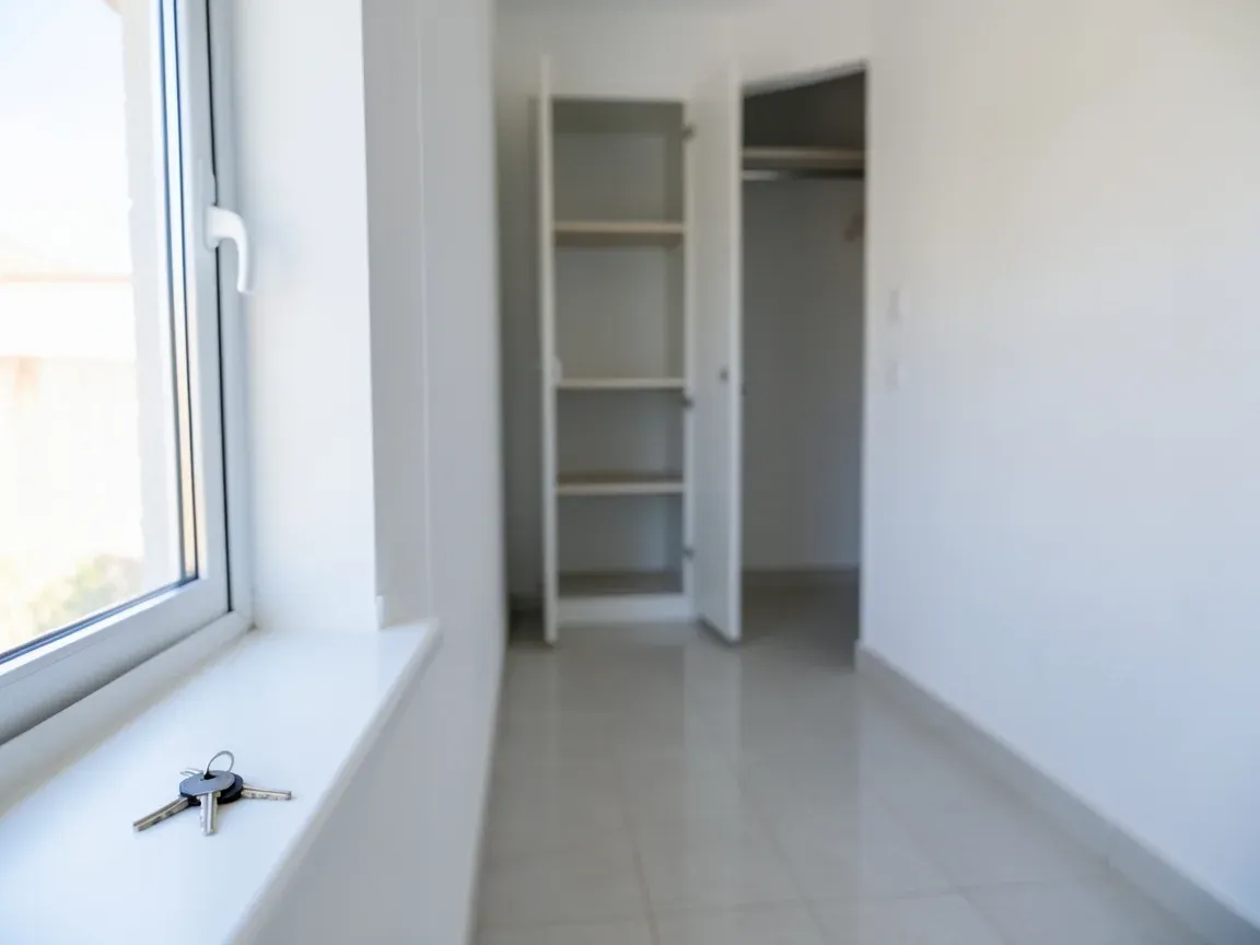 Dormitorio vacío y recién limpiado de un piso de alquiler con las llaves sobre el alféizar de la ventana