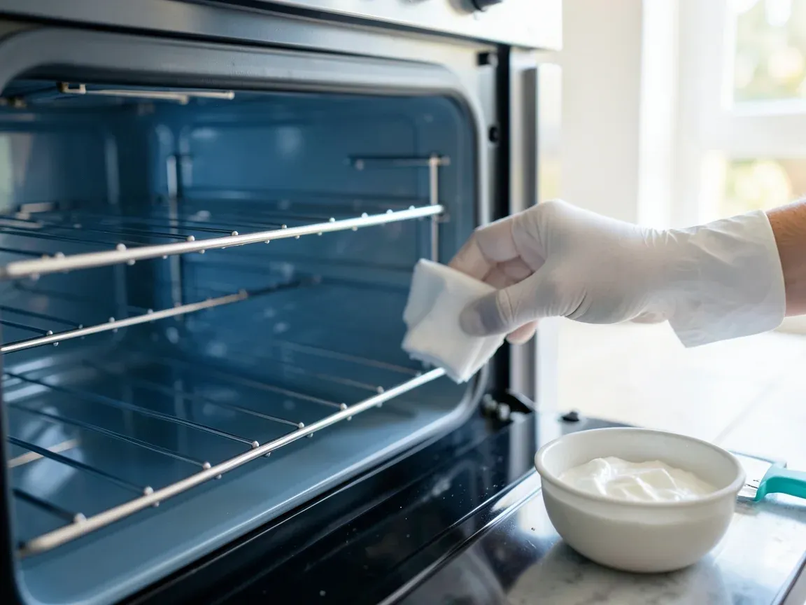 Mano con guante limpiando el interior de un horno hasta dejarlo reluciente antes de entregar un piso de alquiler