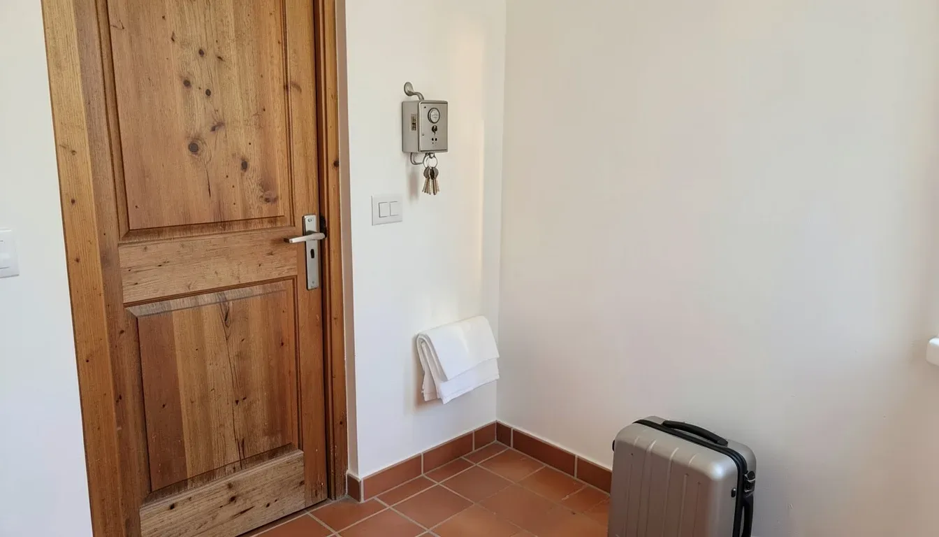 Entrada de un apartamento turístico con la puerta de madera, un cajetín de llaves en la pared, toallas dobladas y una maleta