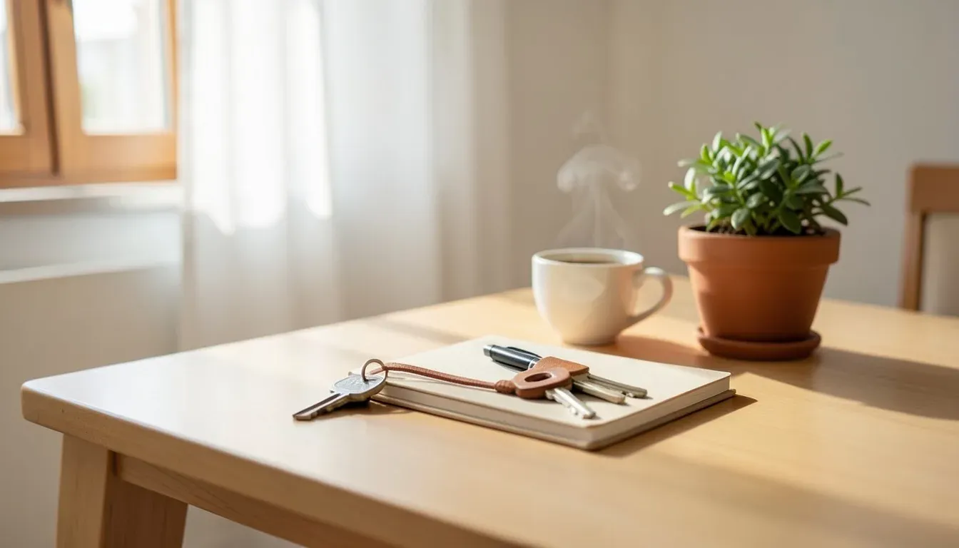 Llaves de un apartamento turístico sobre una mesa de madera junto a un cuaderno y un café, en un piso luminoso de la Bahía de Cádiz