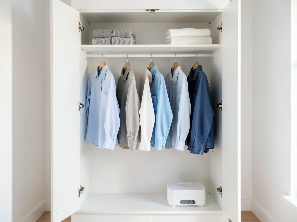 Tidy built-in wardrobe with clothes spaced apart and a moisture absorber to prevent mould