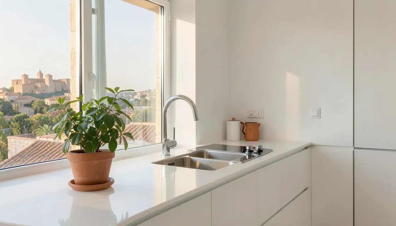 Cocina blanca impecable tras una limpieza a fondo en una casa de Jerez, con la encimera despejada y una planta junto a la ventana