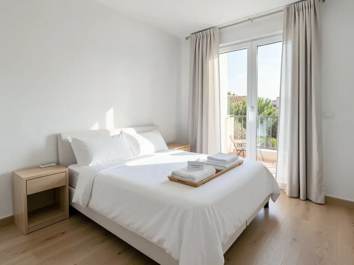 Dormitorio de un apartamento turístico en Jerez de la Frontera listo para el siguiente huésped, con la cama hecha y toallas limpias