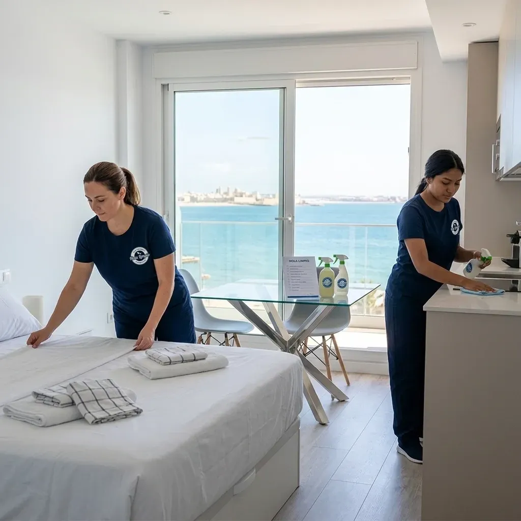 Hola Limpio team cleaning an apartment overlooking the Bay of Cádiz in El Puerto de Santa María