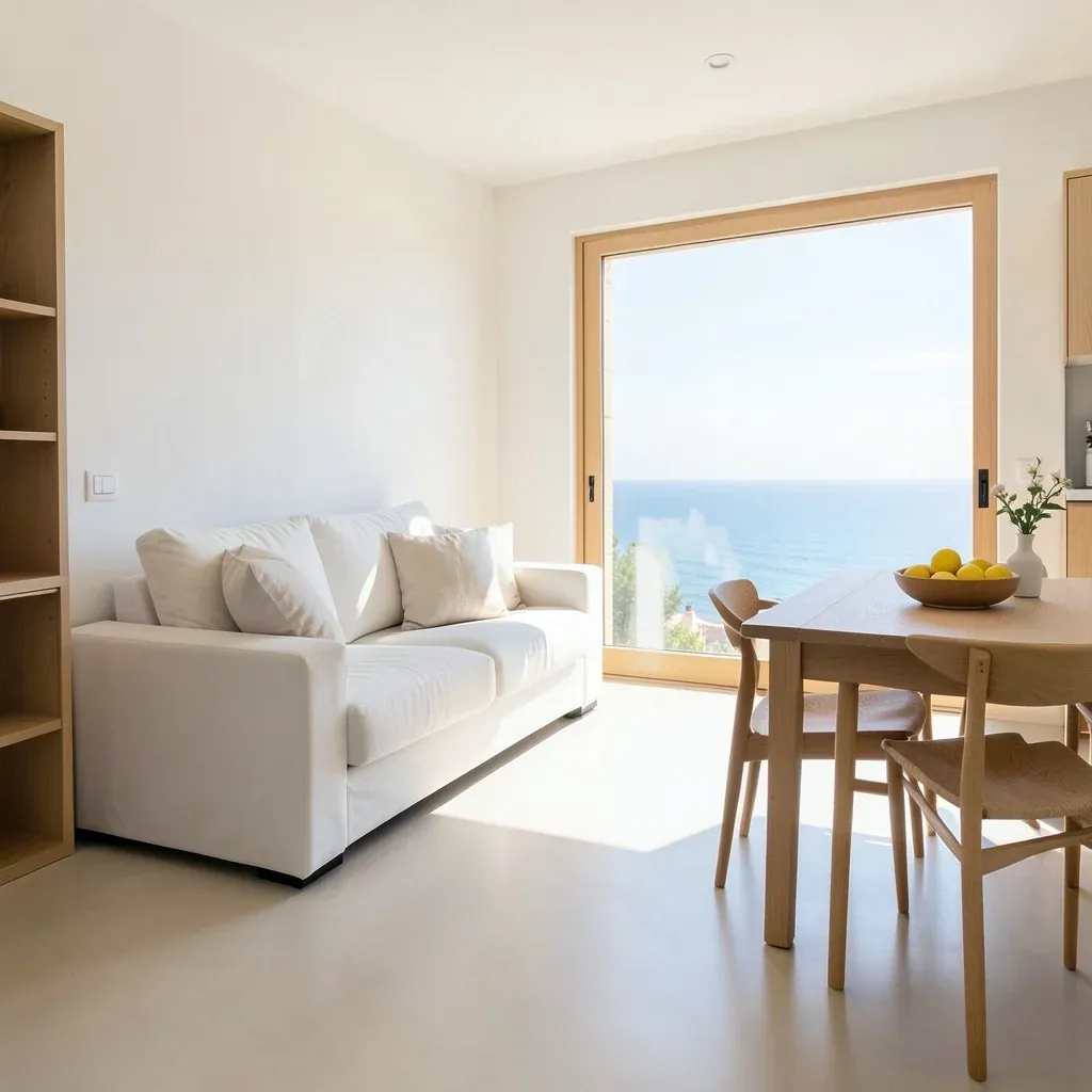 Salón y comedor de un apartamento turístico con vistas al mar en Cádiz, limpio y listo para los huéspedes