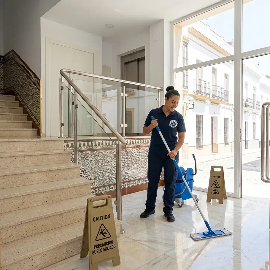 Limpieza de comunidad de vecinos en Jerez: profesional de Hola Limpio fregando el portal de mármol