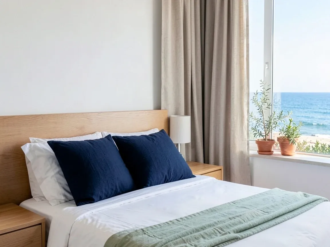Habitación de hotel limpia en la Bahía de Cádiz, con la cama hecha, cojines azul marino, manta verde salvia y vistas al mar