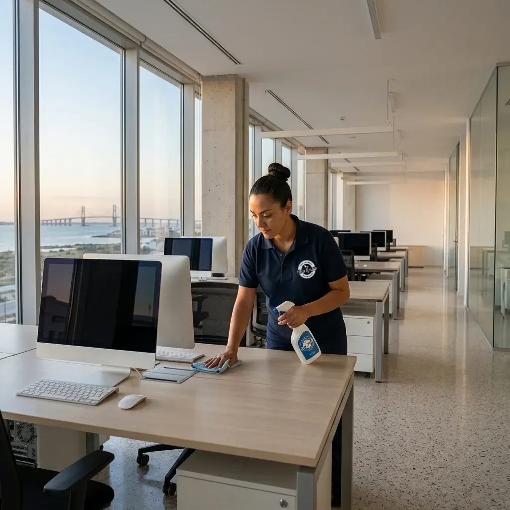 Limpieza de oficinas en Puerto Real: profesional de Hola Limpio desinfectando puestos de trabajo