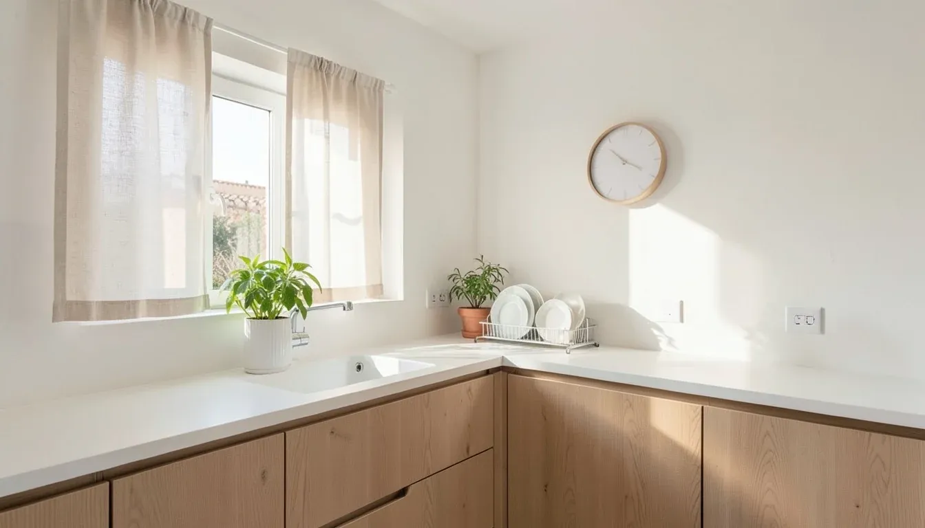Cocina limpia de una casa en Jerez con la encimera despejada y un reloj en la pared
