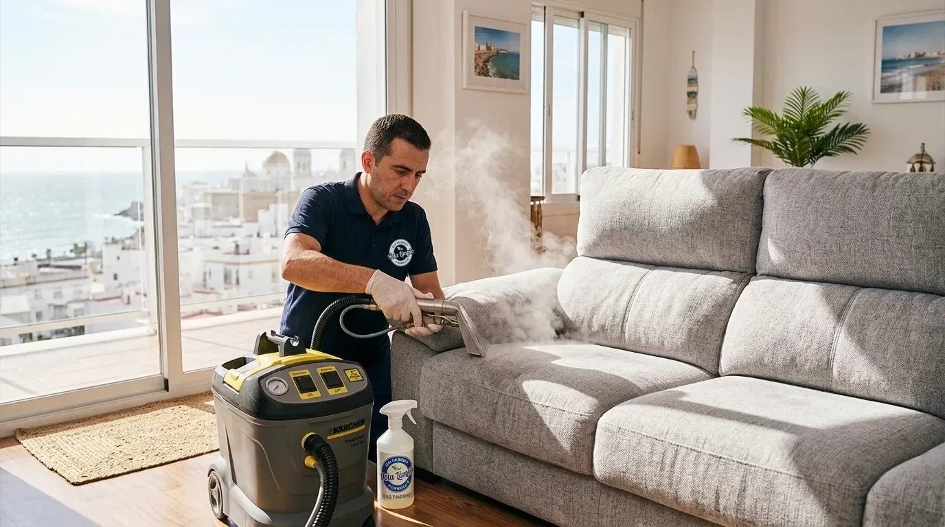 Hola Limpio technician cleaning a grey sofa at home with a hot water extraction machine in Cádiz