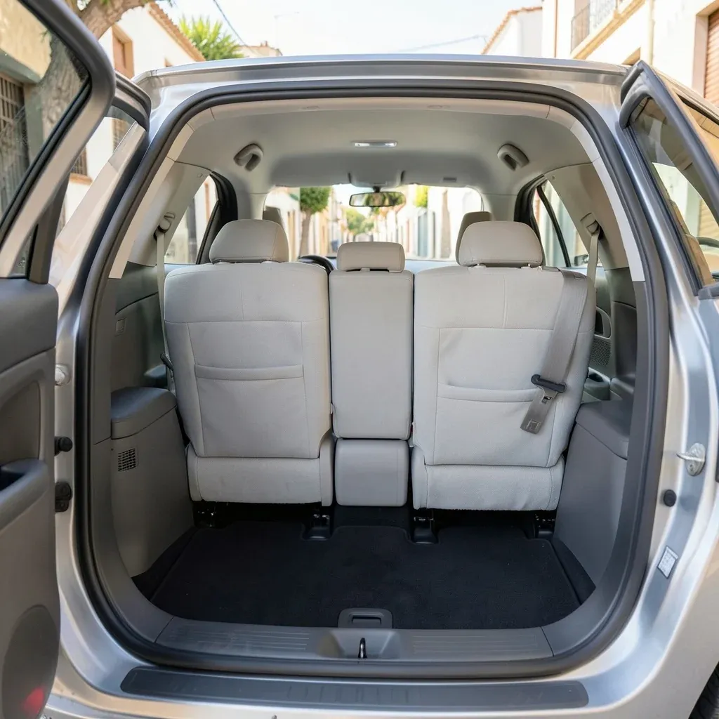 Interior limpio de un coche familiar en Jerez, con los asientos de tela y las alfombrillas sin suciedad