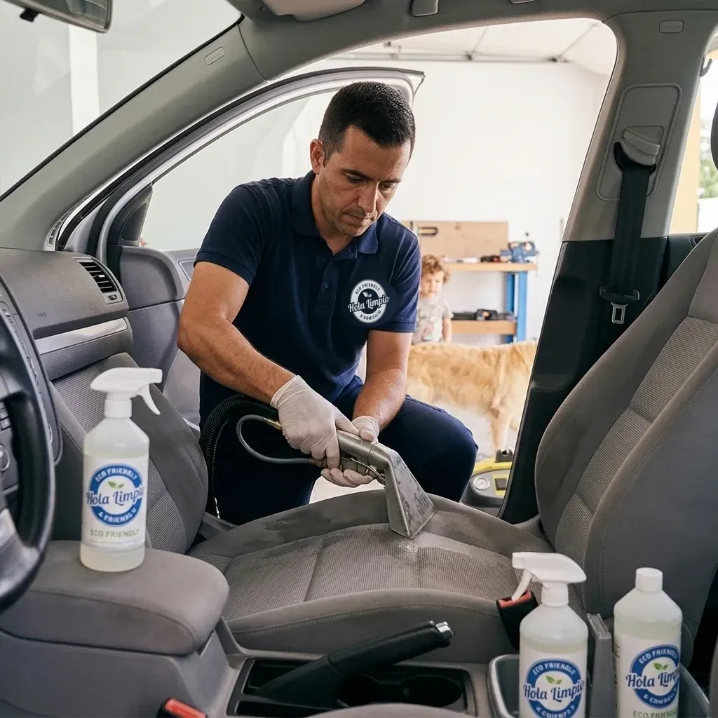 Limpieza de tapicería de coche a domicilio en Jerez: profesional de Hola Limpio limpiando un asiento con máquina de inyección-extracción
