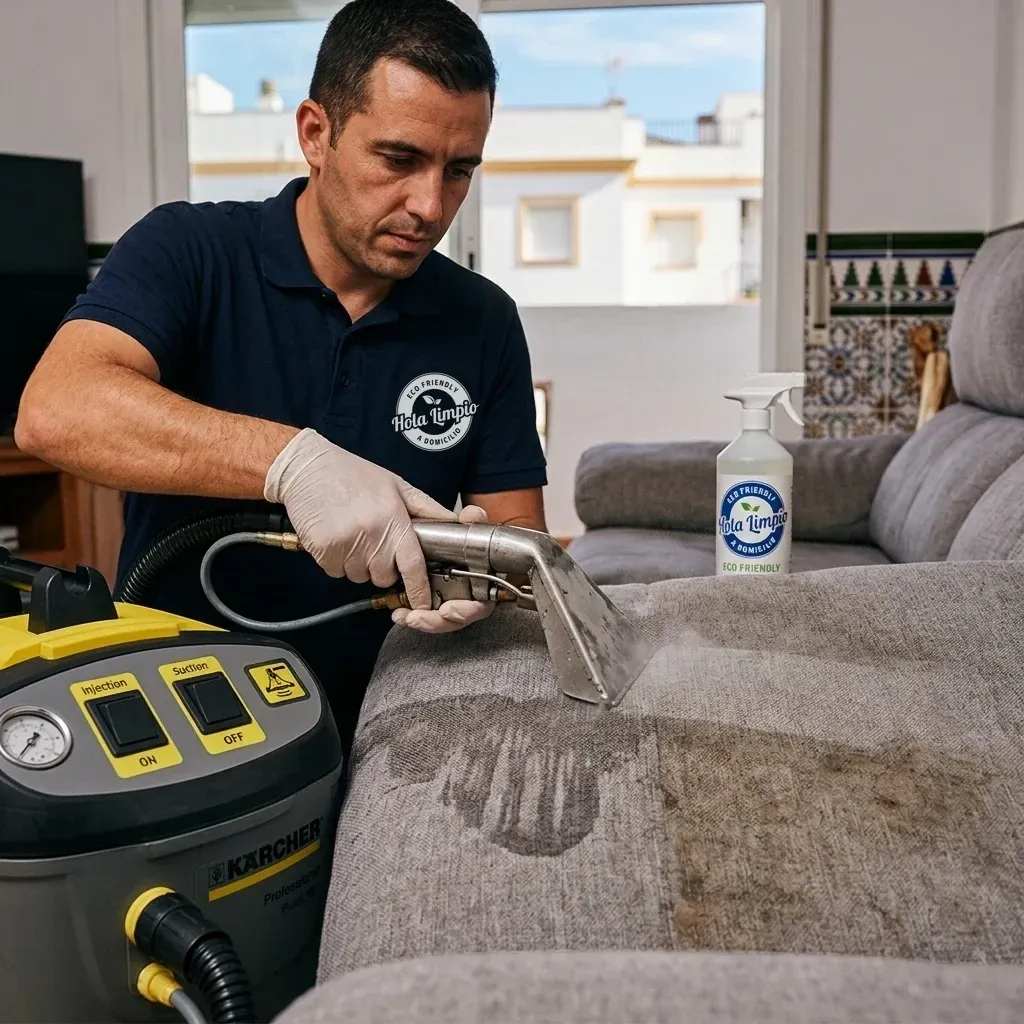 Limpieza de sofá a domicilio en Rota con máquina de inyección-extracción de Hola Limpio