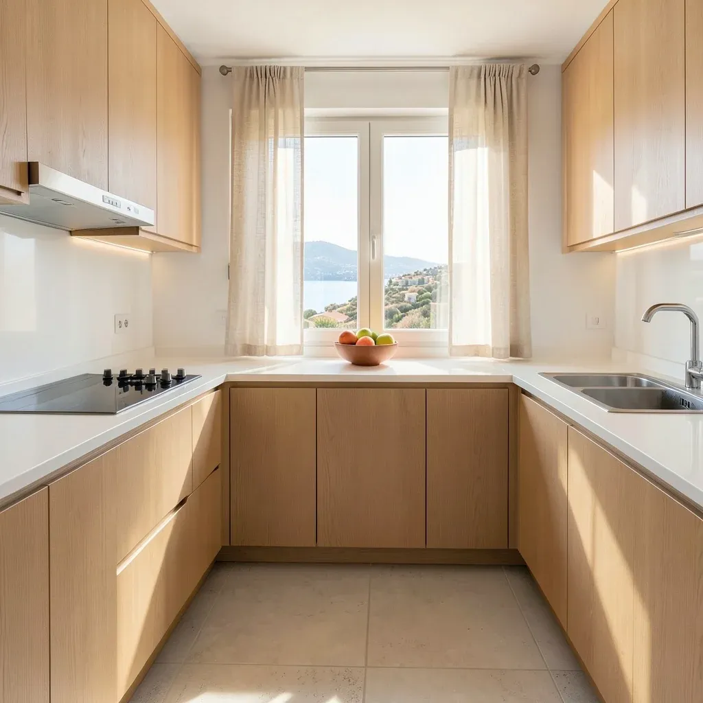 Cocina limpia de una vivienda familiar en El Puerto de Santa María, con la encimera despejada