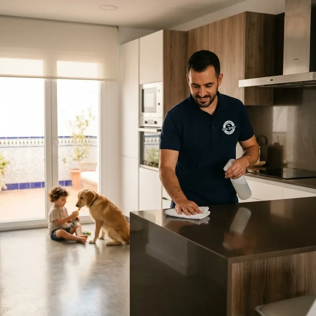 Profesional de Hola Limpio limpiando la cocina de una vivienda familiar en El Puerto de Santa María
