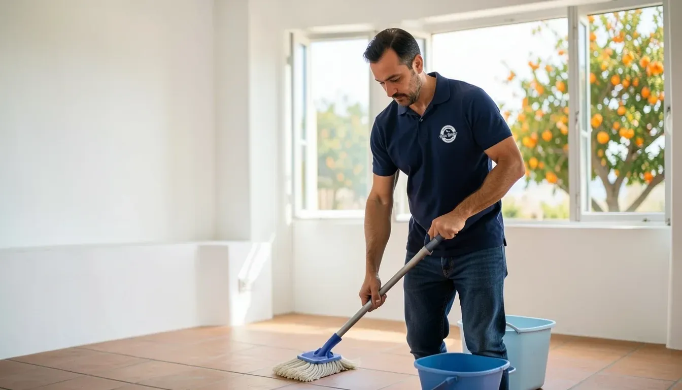 Empresa de limpieza en Puerto Real: profesional de Hola Limpio fregando el suelo de una vivienda