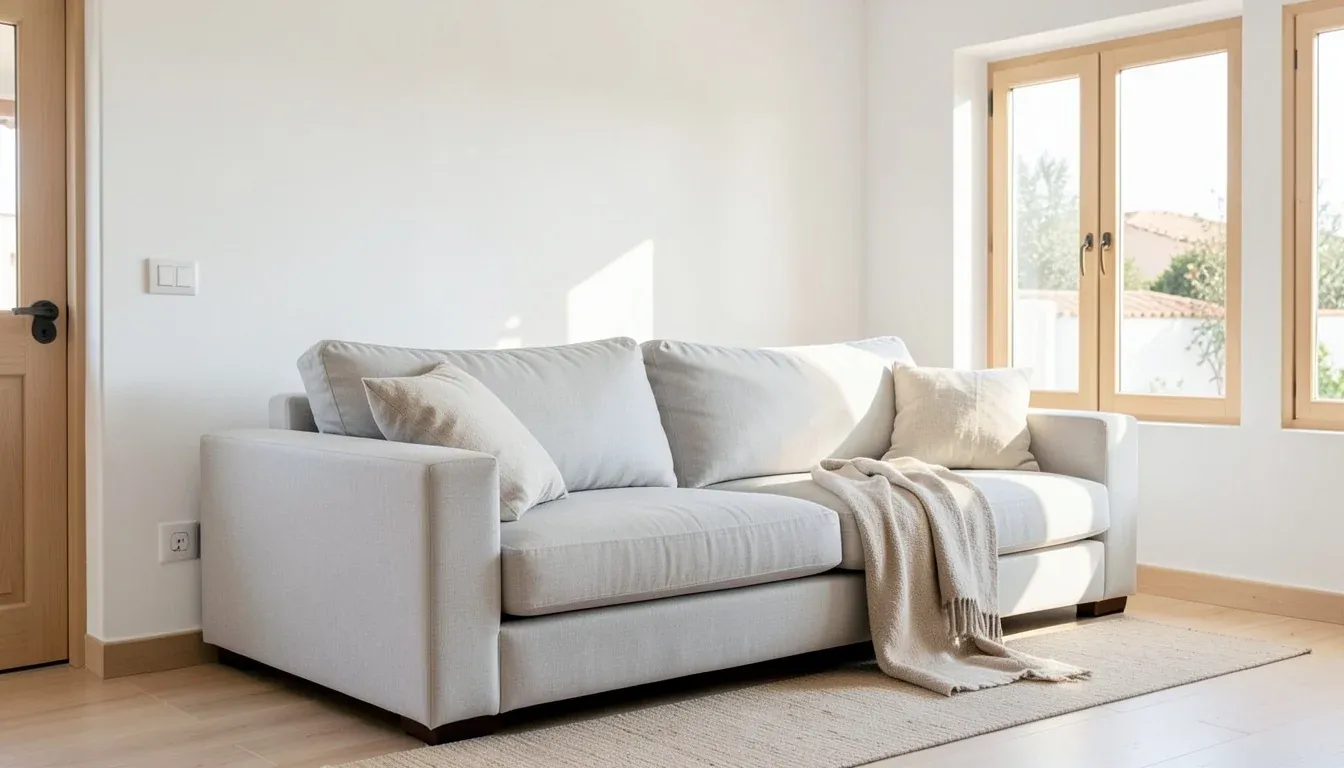 Stain-free light grey fabric sofa in a bright living room in Jerez