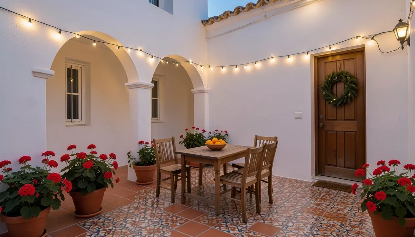 Clean Andalusian patio in Jerez ready for Christmas, with string lights between the arches, a wreath on the door, geraniums and chairs around a table