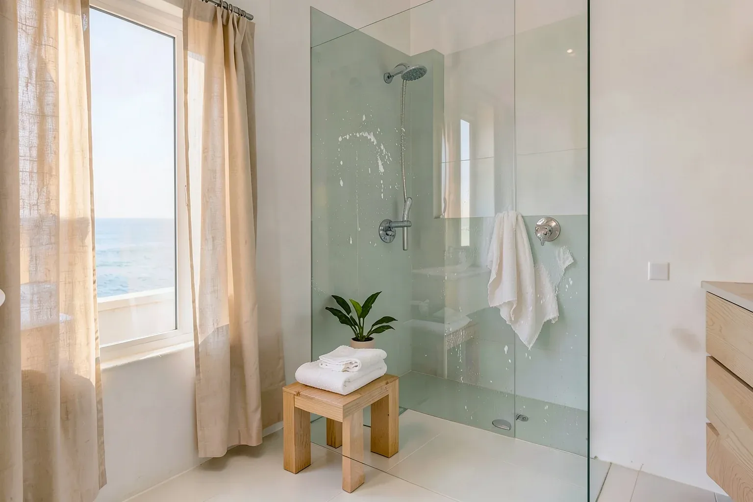 Mampara con gotas secas y cal y toallas arrugadas en el baño de un apartamento turístico: limpieza básica
