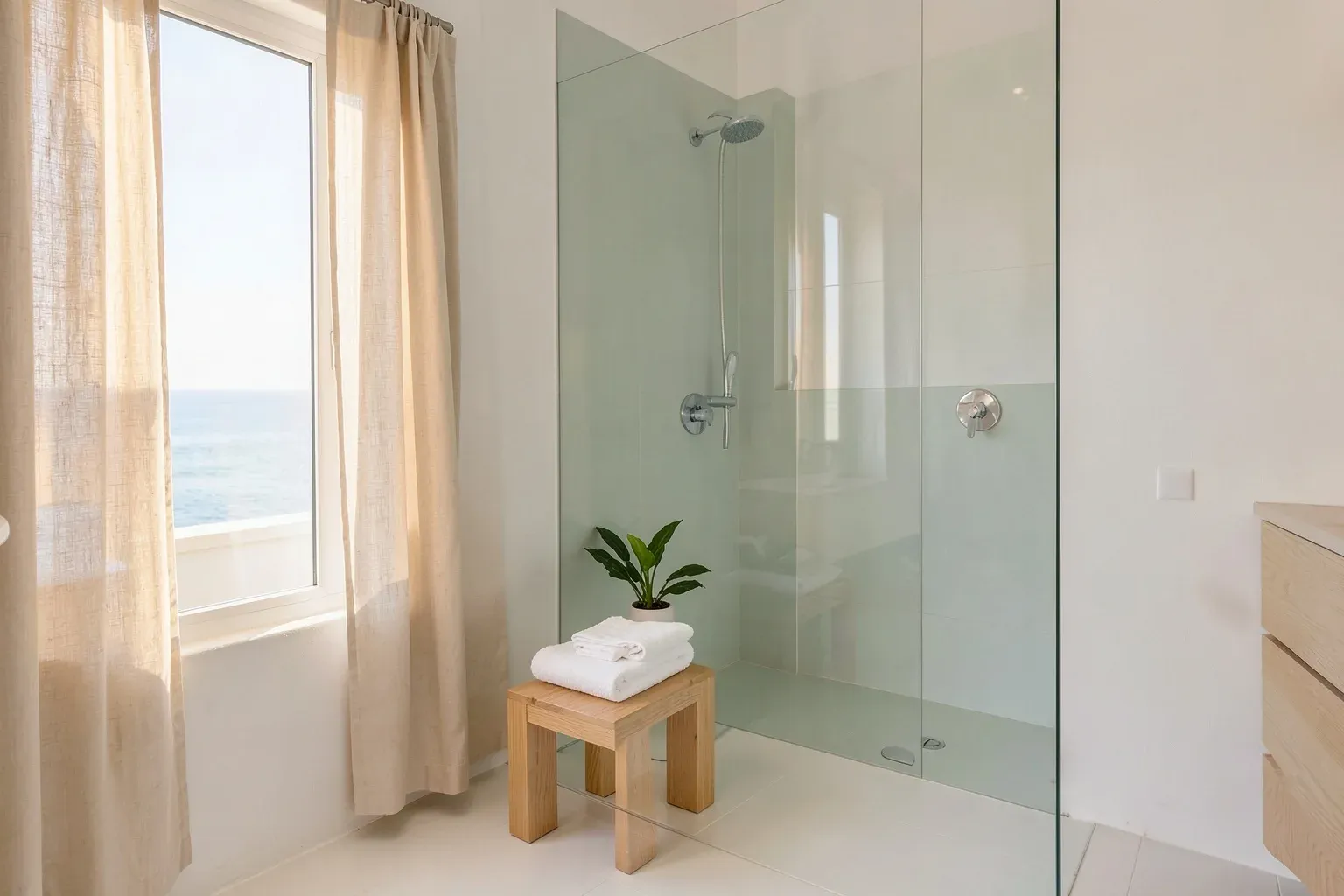 El mismo baño con la mampara sin marcas, grifería brillante y toallas de hotel dobladas: limpieza de cinco estrellas