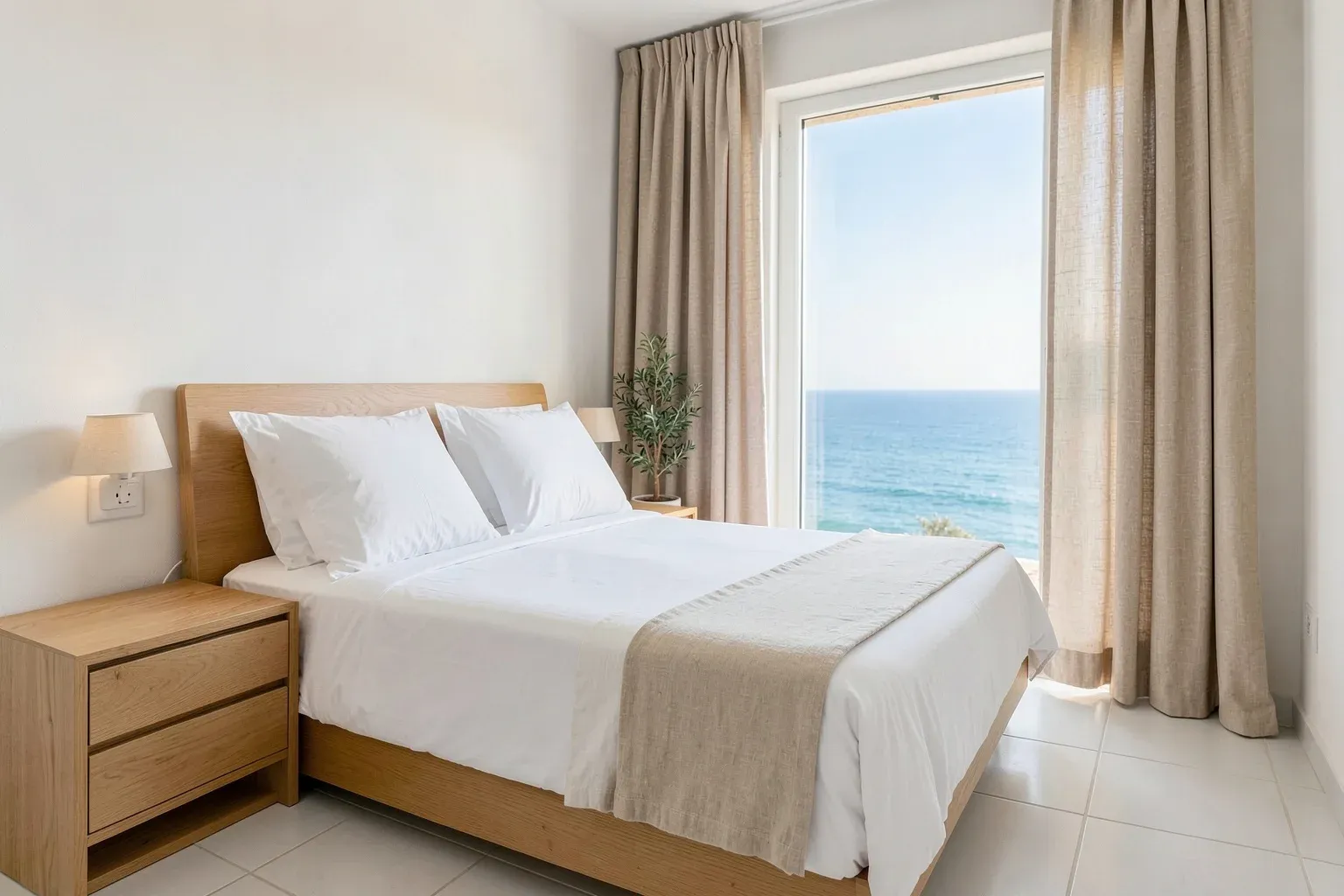 Dormitorio de apartamento turístico en Cádiz con la cama hecha estilo hotel y vistas al mar, listo para el siguiente huésped