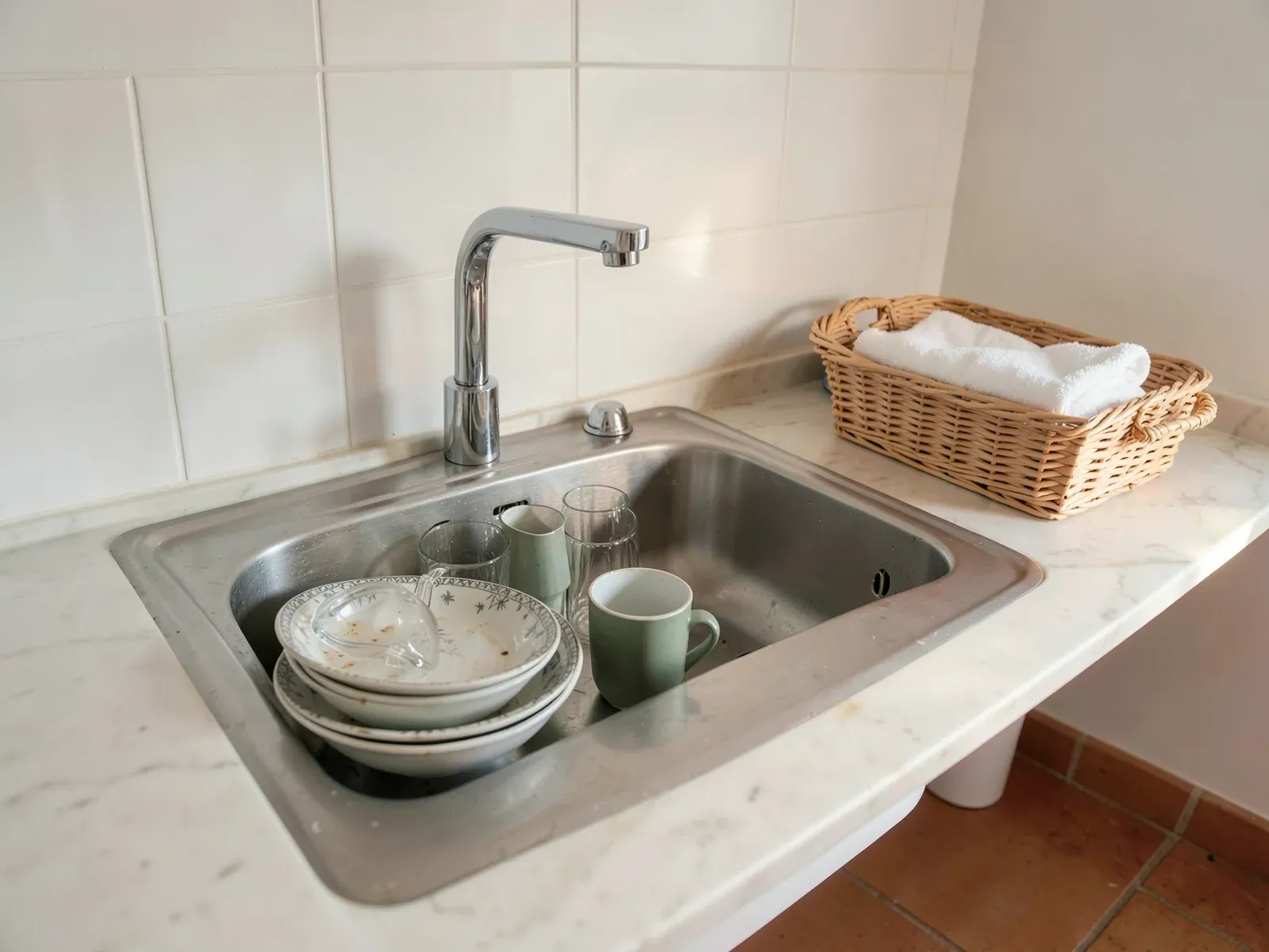 Fregadero de un piso turístico con unos pocos platos y vasos usados y una cesta con toallas recogidas, lo que el huésped todavía puede hacer antes de la salida