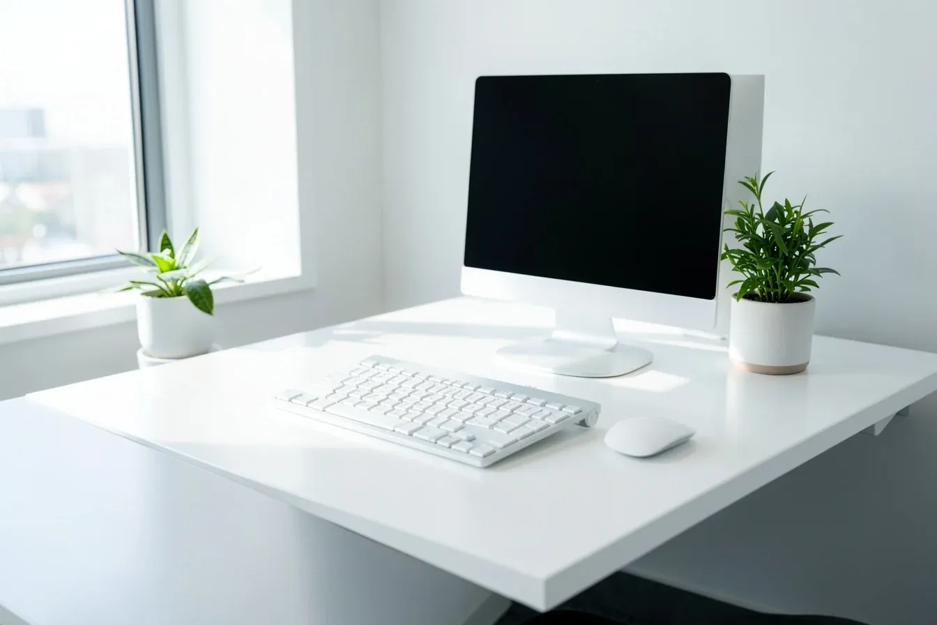 Mesa de trabajo limpia con el teclado y la pantalla desinfectados en una oficina de Jerez