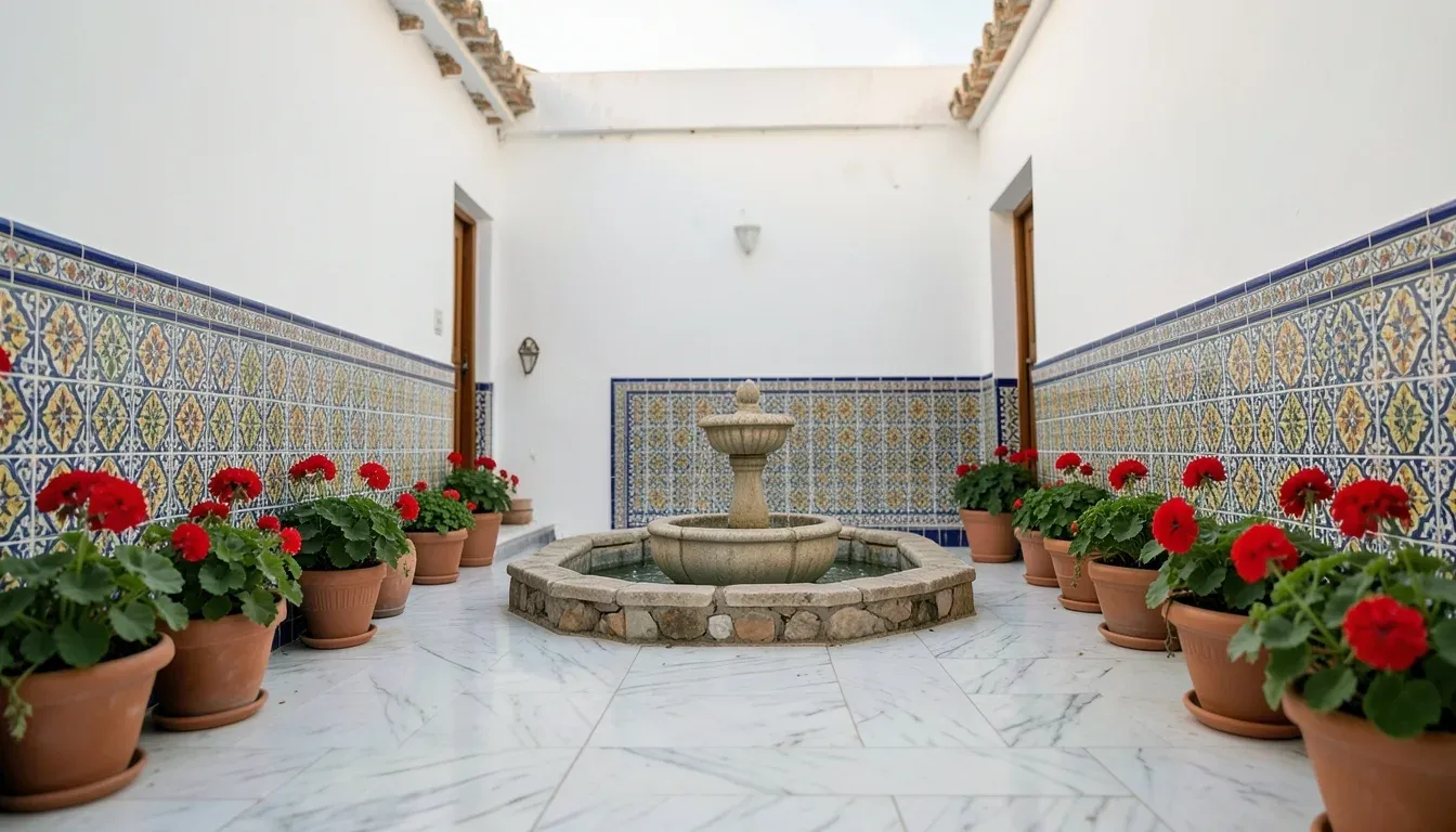 Patio andaluz de una casa de Jerez con zócalo de azulejos, suelo de mármol limpio, macetas y una pequeña fuente