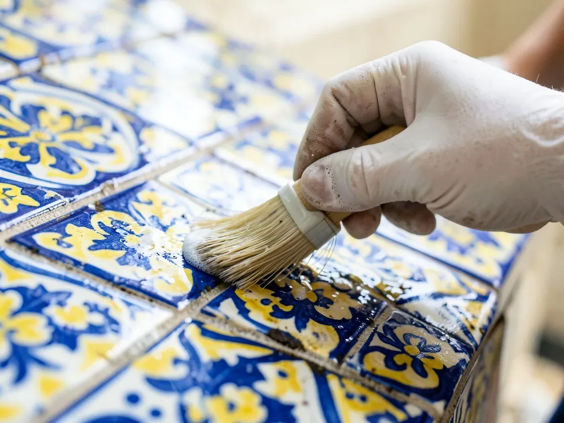 Mano con guante limpiando con un cepillo suave un zócalo de azulejos antiguos en una casa de patio andaluza