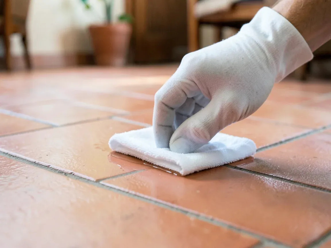 Mano con guante aplicando cera protectora con un paño sobre un suelo de barro cocido de una casa tradicional andaluza