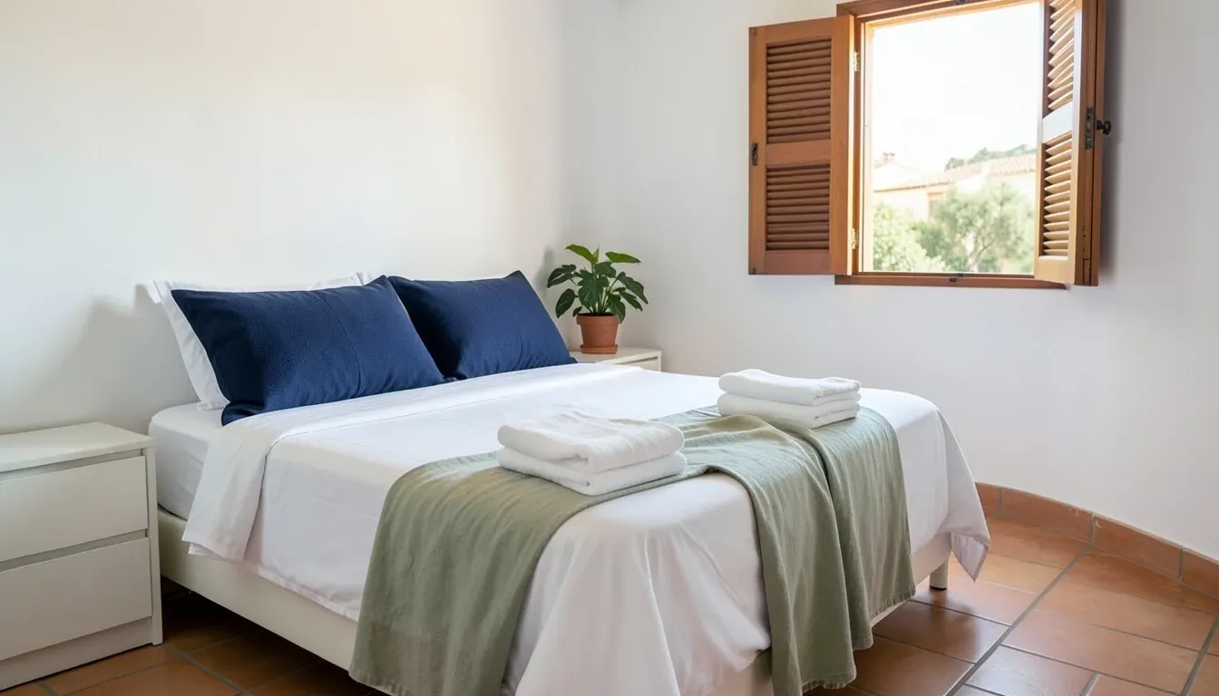 Bedroom of a holiday let in Cádiz cleaned between guests: freshly made bed and folded towels