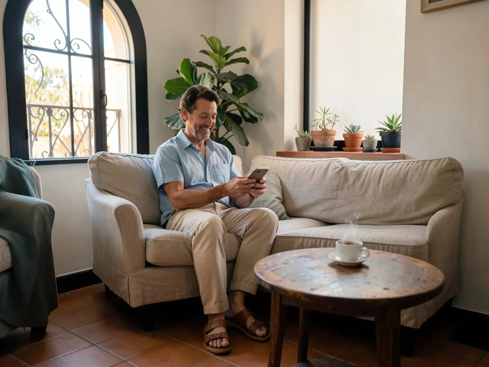 Propietario de un piso turístico sonriendo al móvil en el sofá de un salón luminoso, con un café en la mesa y un balcón de forja al fondo