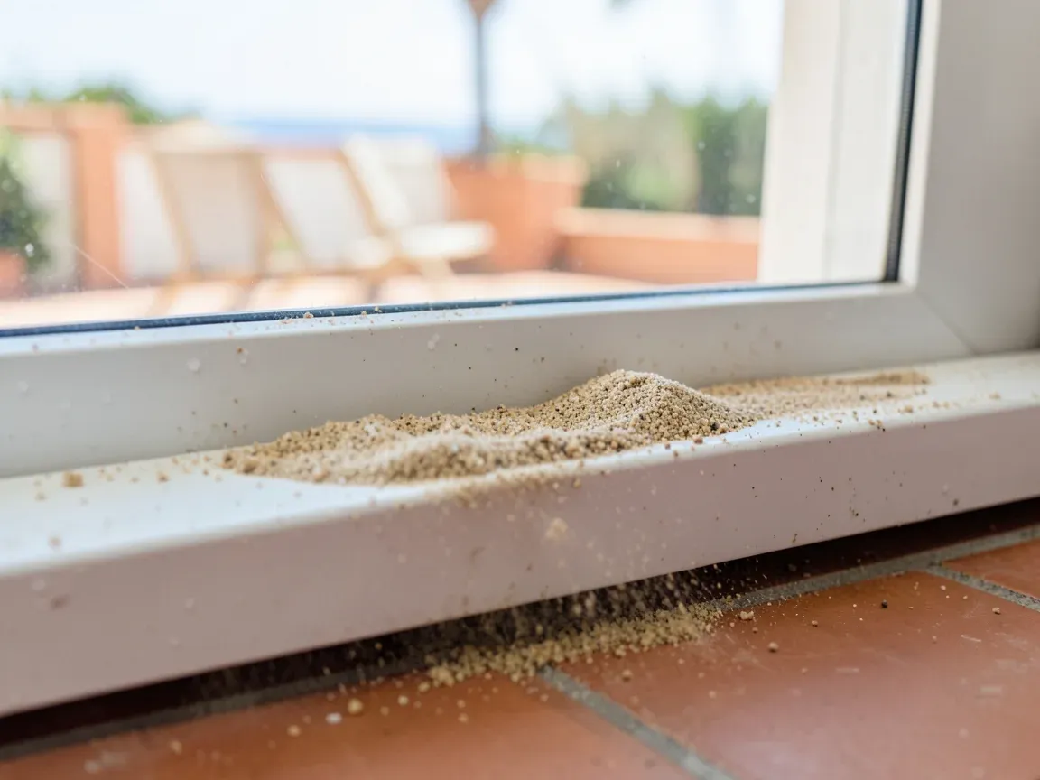 Carril de aluminio de una ventana corredera lleno de arena y polvo tras un día de levante