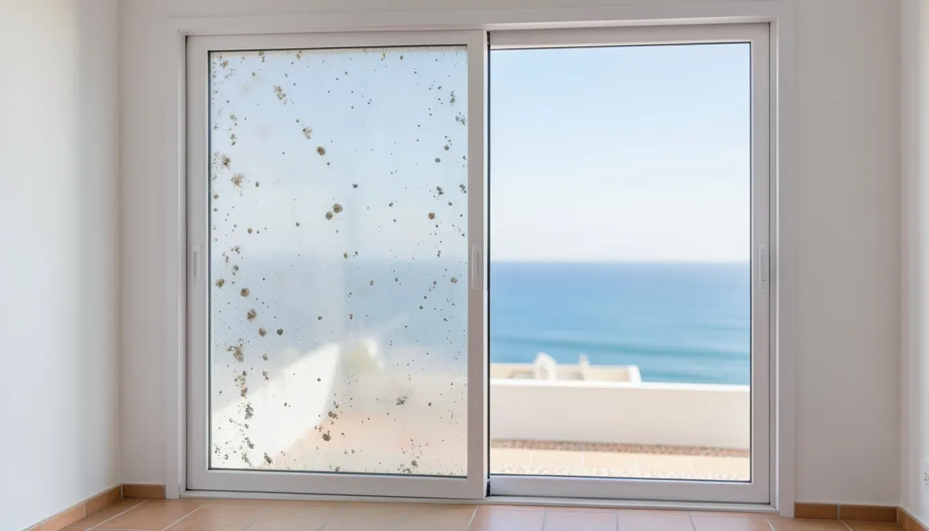 Sliding glass door facing the sea, half covered in sea-salt residue and half freshly cleaned, in a home on the Cádiz coast